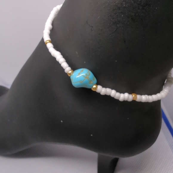Anklet Bracelet White Handmade Beaded With Turquoise Nugget 8 1/2" NWT - Picture 3 of 4